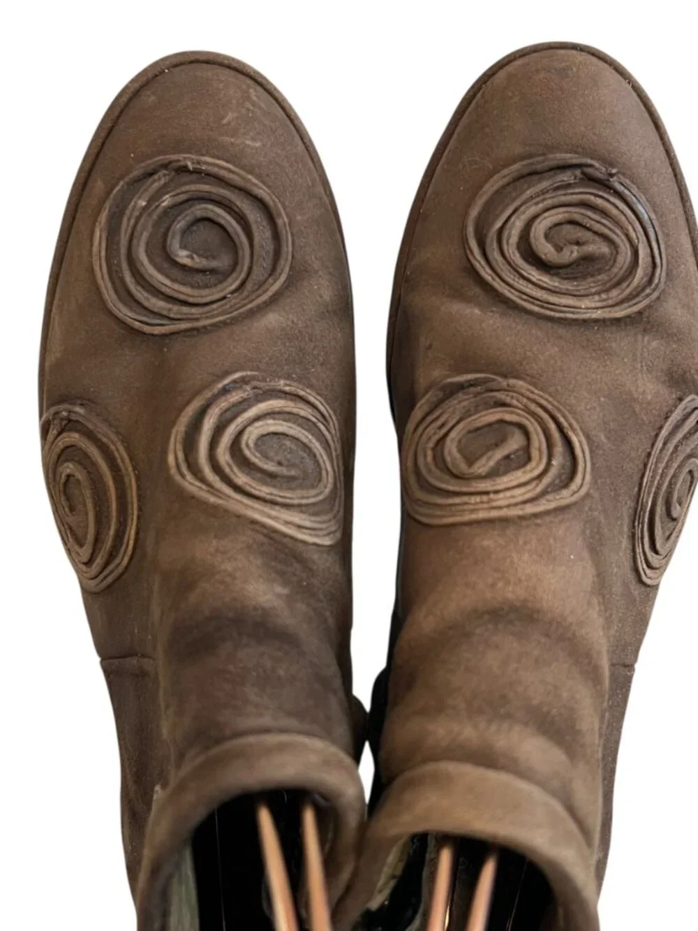 Fly London boots brown suede swirl design zip up booties 40 9 9.5 wedge